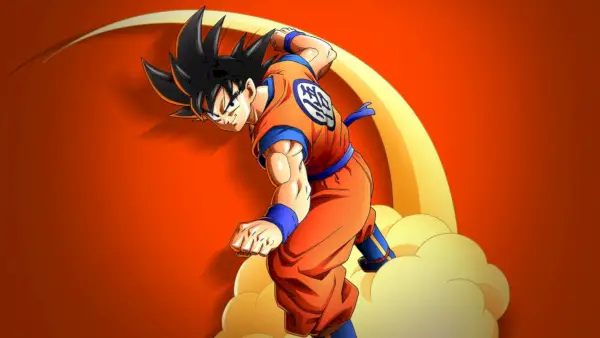 Goku, yetkiliden bir bulutun üzerinde uçarken kendinden emin bir şekilde sırıtıyor