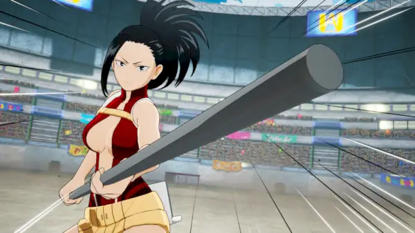 Momo Yaoyorozu använder en personal