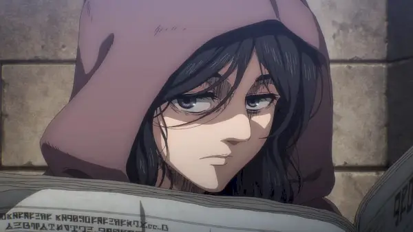 Pieck lendo um jornal durante a 4ª temporada de Attack on Titan.