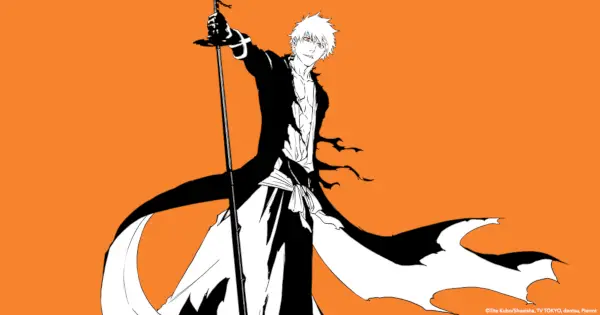 Ichigo Kurosaki je stal s svojo uniformo Zanpakto in Shinigami v črno-beli barvi z oranžnim ozadjem