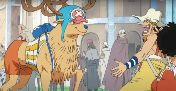 Tony Tony Chopper saluda a Usopp en su forma Walk Point/Reno después del salto de tiempo en One Piece