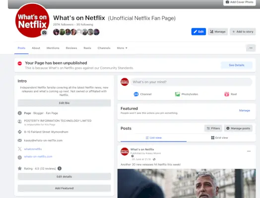 La page Facebook What's on Netflix n'a pas été publiée par Meta