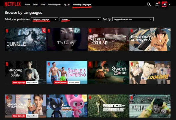 Netflix kārtot pēc valodas Korean.webp