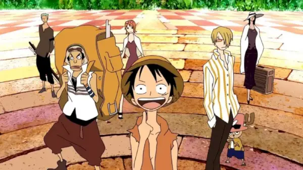 Monkey D. Luffy y los de Sombrero de Paja mirando algo a lo lejos en