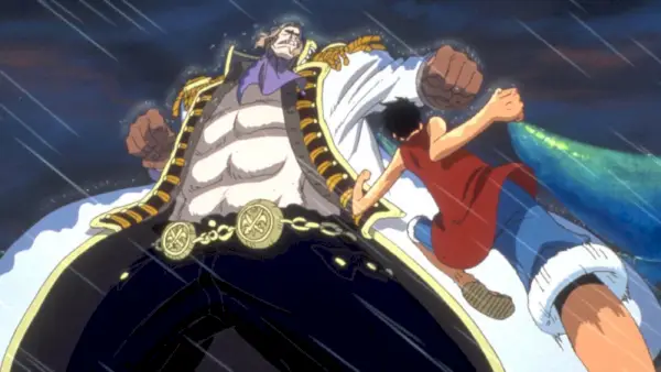 Monkey D. Luffy este pe cale să lovească un dușman înalt și musculos