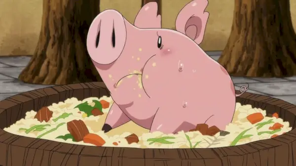 Falco seduto timidamente su un piatto di cibo in Seven Deadly Sins