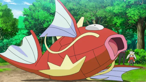 Il Magikarp simile a un pesce cade a terra nell'animazione