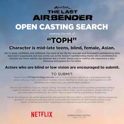 Crida de càsting obert per a Toph Avatar The Last Airbender Netflix escalat