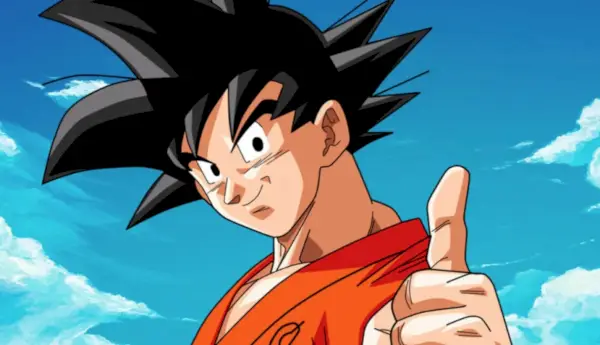 Goku poserer med tommelfingeren op i