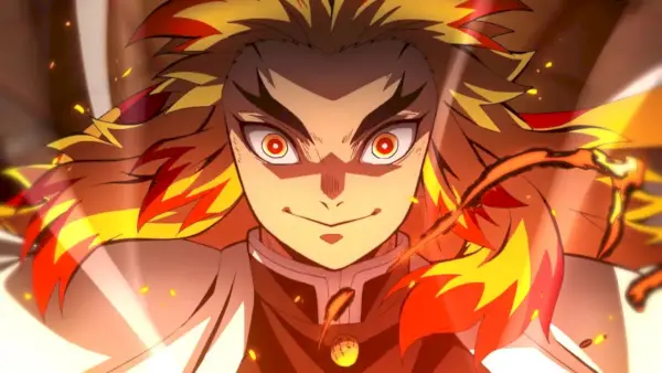 Kyojuro Rengoku kranset i flammer i