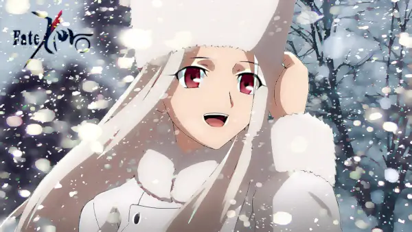 irisviel del destí zero somrient a la neu (Ufotable)