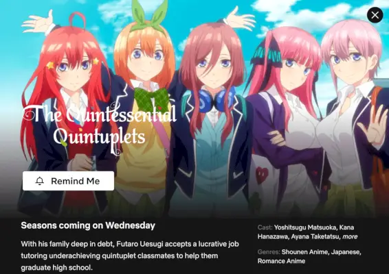 Le film et la série d’animation Quintessential Quintuplets arriveront sur Netflix en mai 2024