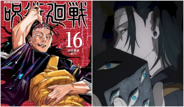 A Jujutsu Kaisen 16. kötete Kenjakuval és Kenjakuval a Prison Realm-mel a Jujutsu Kaisen 2. évadából.