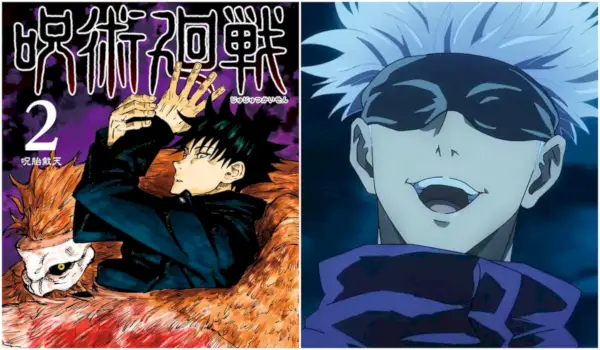 Megumi usando sua técnica amaldiçoada no Volume 2 de Jujutsu Kaisen e Gojo Satoru na 1ª temporada de Jujutsu Kaisen