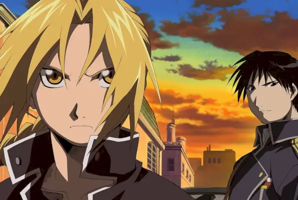 Edward Elrich og Roy Mustang i et reklamebillede for Fullmetal Alchemist: Brotherhood