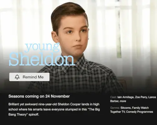 No 2023. gada novembra seriāla “Young Sheldon” 1.–5. sezona virzās uz Netflix US