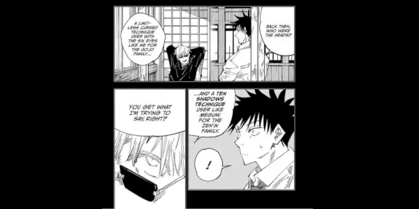 Chapitre 117 de Jujutsu Kaisen mettant en vedette Megumi et Gojo Satoru discutant du combat entre les précédents chefs du Gojo et du Zen