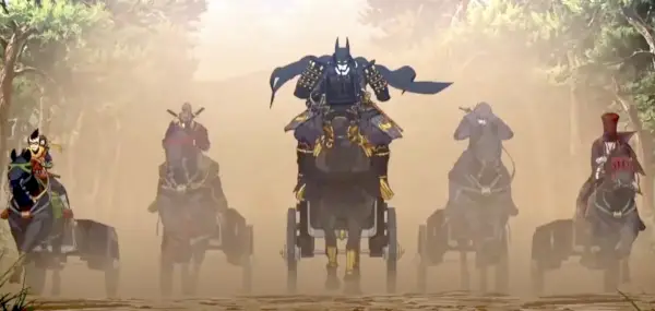 Batman og venner rider på heste i kamp i Batman Ninja.