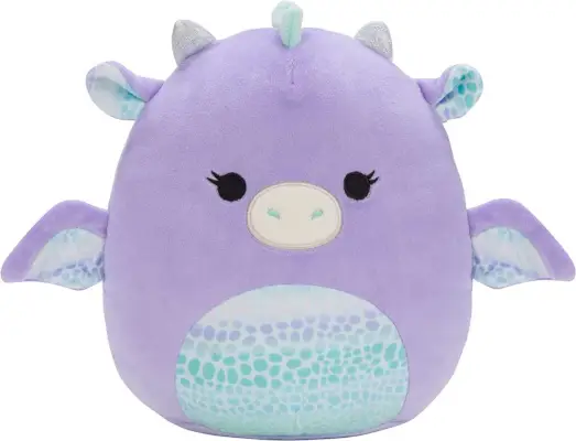 Um dragão roxo Squishmallow com uma barriga azul escamosa