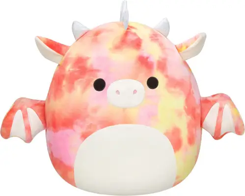 Dragón Squishmallow amarillo, rosa y rojo teñido anudado