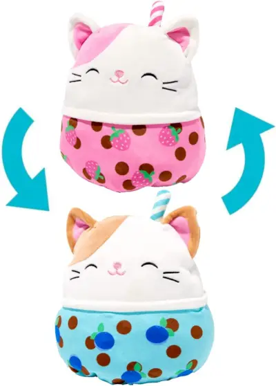 Růžový a modrý boba čaj Squishmallows s hlavami připomínajícími kočky