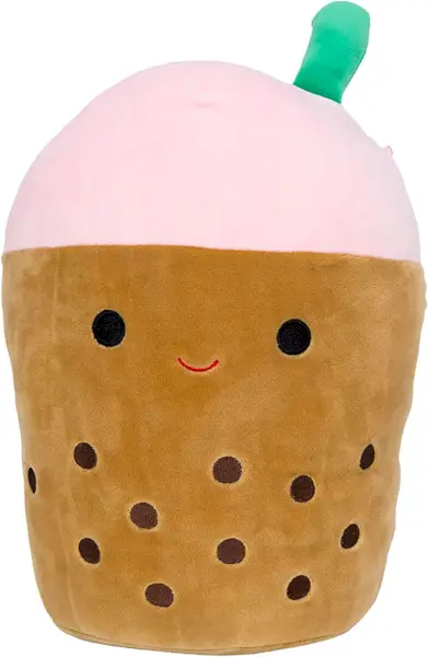 Hnedý boba čaj Squishmallow s ružovým syrovým vrchom