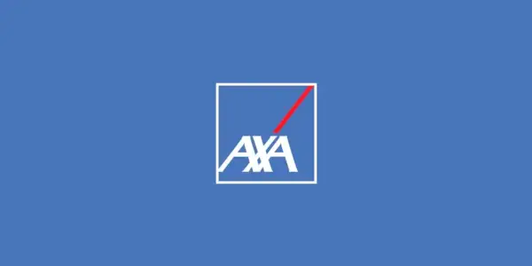 AXA logotipa gandrīz balta un sarkana uz zila versija