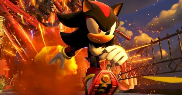 Shadow the Hedgehog som løper fra en eksplosjon