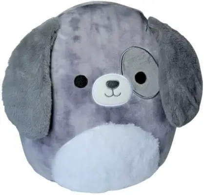 Uzun tüylü kulakları olan gri bir köpek squishmallow'u