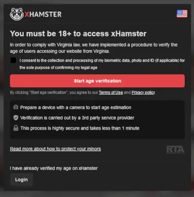 Vyskakovací okno ověření xHamster