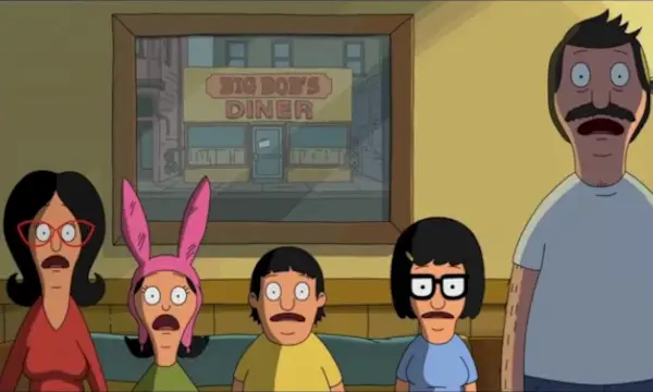 La famiglia Belcher guarda avanti con espressioni scioccate in una scena di The Bob