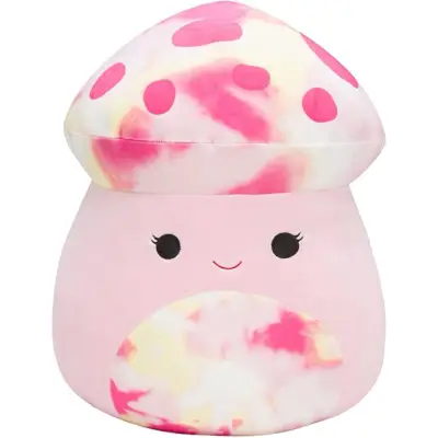 Różowa grzybowa Squishmallow z różową czapką i brzuszkiem.