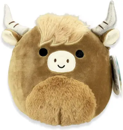 Una vaca marró borrosa Squishmallow amb banyes platejades i serrell