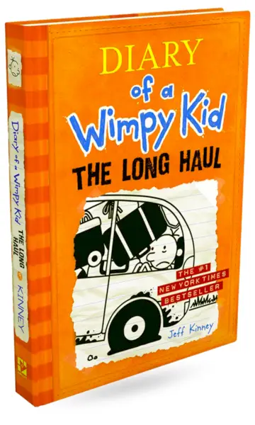 narančasta knjiga s djetetom iz crtića u autu. Diary of a Wimpy Kid The Long Haul