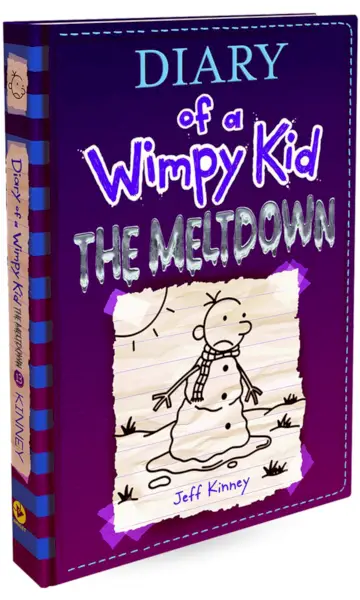 vijolična knjiga z risanim otrokom/snežakom. Diary of a Wimpy Kid The Meltdown