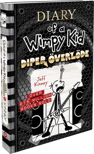 črna naslovnica knjige z risanim otrokom, ki igra kitaro. Diary of a Wimpy Kid Diper Overlode