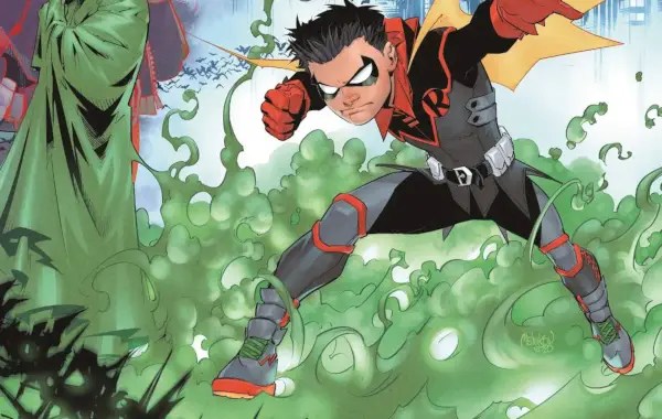 Damian Wayne courant près de la fumée verte