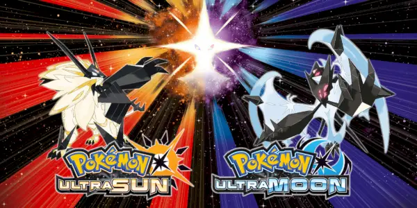 Oficiālais Pokémon Ultra Sun un Ultra Moon mākslas darbs ar Solgaleo un Lunala