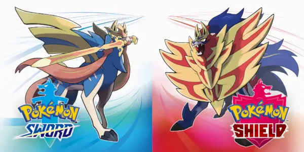 Virallinen Pokemon Sword and Shield -taideteos, jossa on legendaarinen Pokémon Zacian ja Zamazenta