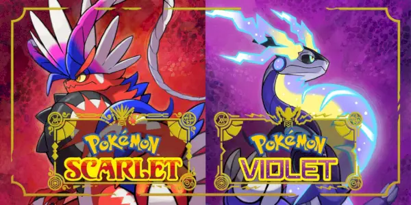 Oficiálne umelecké dielo pre Pokémon Scarlet and Violet s legendárnymi Pokémonmi Koraidonom a Miraidonom