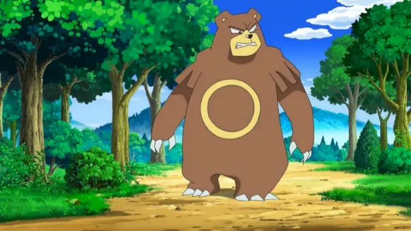 Ursaring em um caminho na floresta, rosnando (The Pokémon Company)