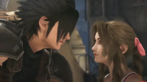 Zack y Aerith coqueteando en Final Fantasy VII: Crisis Core – Reunión –