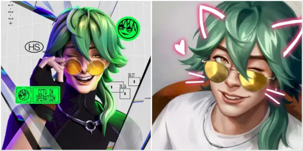 Offizieller Bildschirmschoner von Heartsteel Ezreal (links) und Ezreal macht ein süßes Katzenfilter-Selfie (rechts)