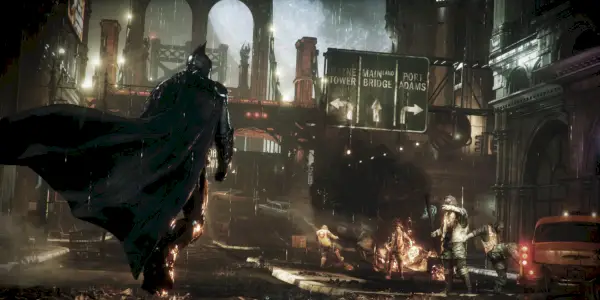 Betmens staigā iznīcinātā Gotemā filmā Betmena: Arkham Knight