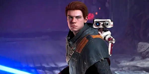 Cameron Monaghan, Star Wars Jedi: Fallen Order'da mavi ışın kılıcı taşıyan BD-1'li Cal Kestis rolünde