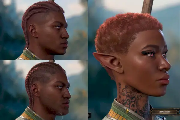 Masc Human Monks con Femme Half-Elf Monk que muestra una variedad de peinados negros. Esto incluye un atajo, hileras de maíz y algo más que realmente no