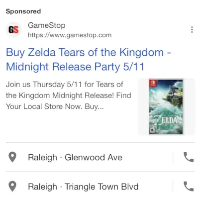 Reklama GameStop na půlnoční vydání Zelda: Tears of the Kingdom.