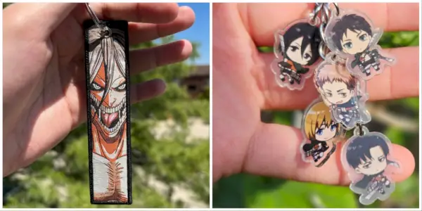 Chaveiro Attack Titan Eren à esquerda e chaveiro do personagem chibi Attack on Titan à direita da Geekstation