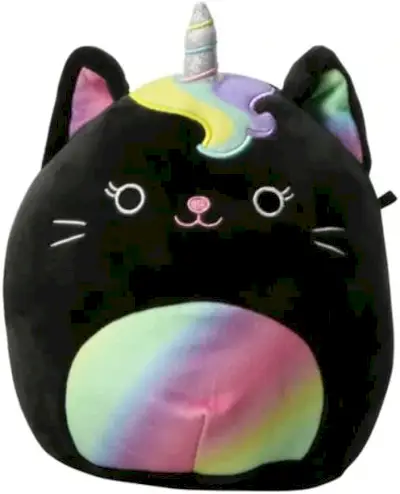 Egy fekete és szivárványos macska Squishmallow