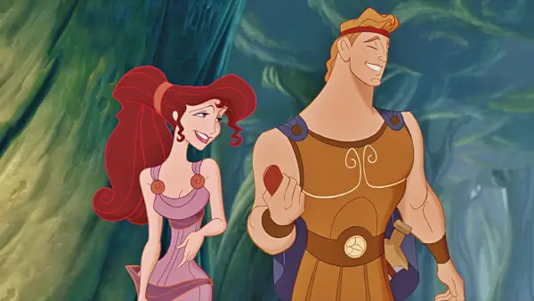 En animeret Hercules er iført sin komplette rustning, mens han taler med en animeret Meg, som er iført en løs kjole i toga-stil.